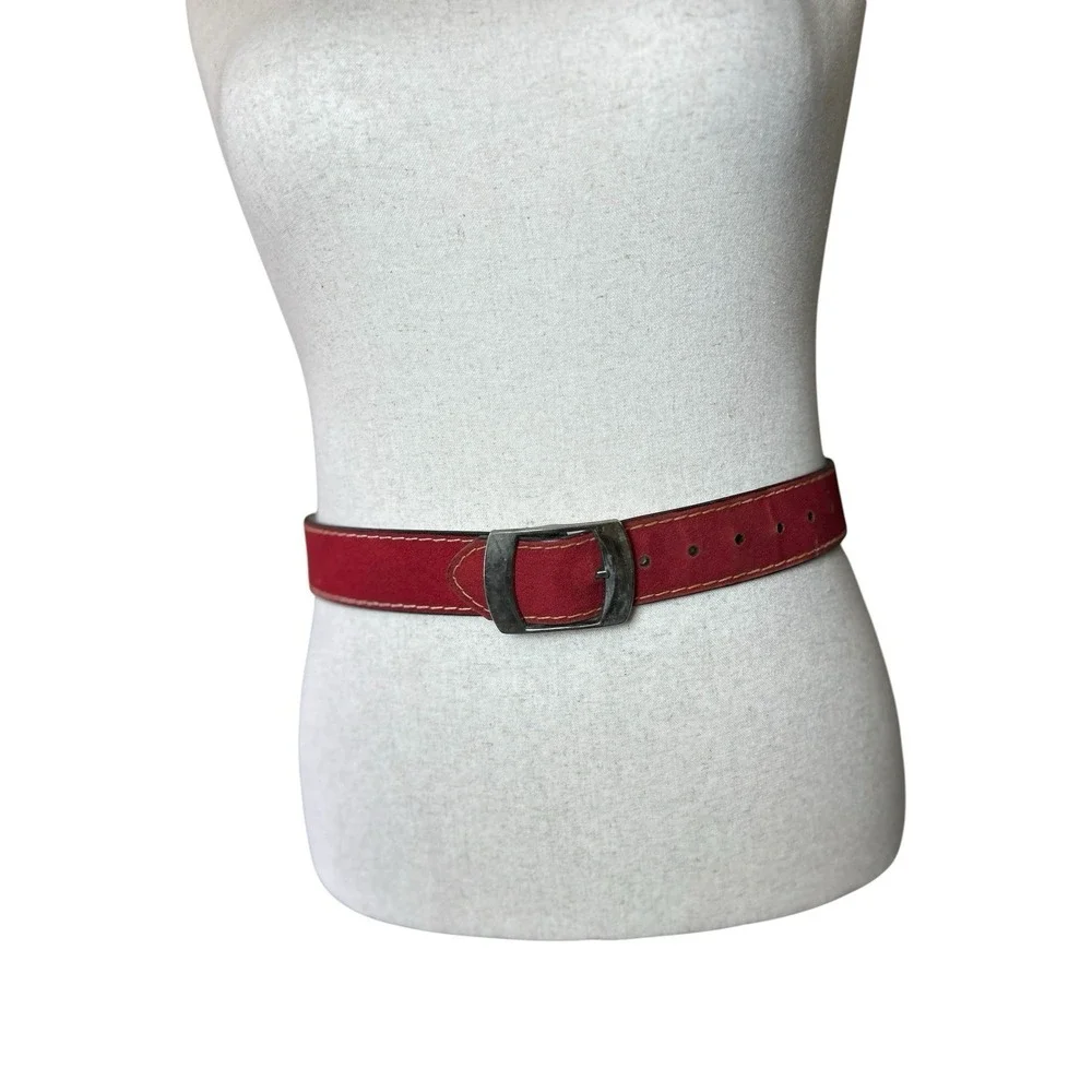 Vtg RED Contrast Stitch Belt Sculptural Buckle Size 34 Heritage 70's Americana